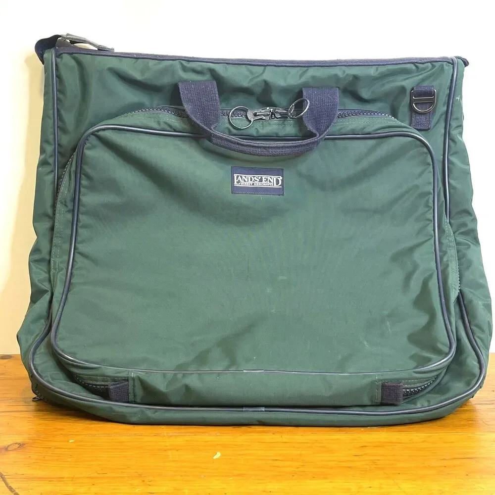 Lands‎ End Lighthouse Vintage Greeen & Blue Nylon Garment Bag Travel USA-Made